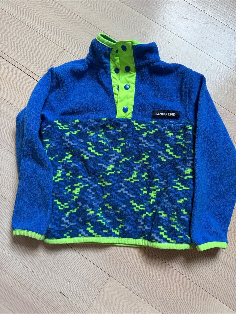 Lands' End Blue Fleece Pullover with Neon Green Trim